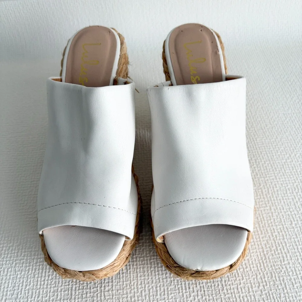 Lulus White Vegan Leather Straw Platform Block Heel Mules Sandals Size 7
